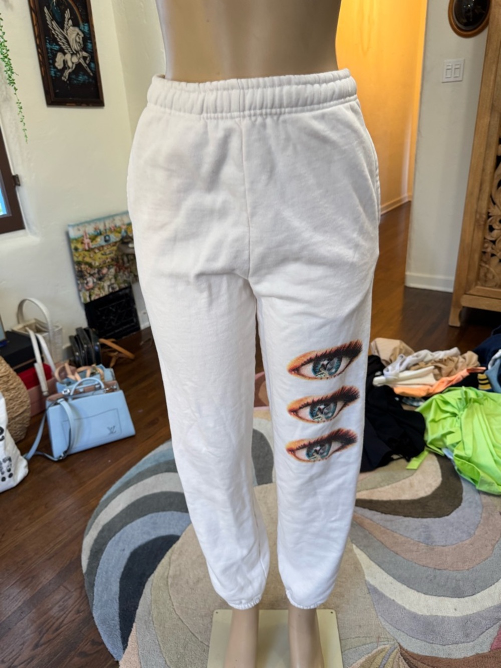 Boys Lie high waisted white Sweatpants with Eye Ball Graphics and Logo size S